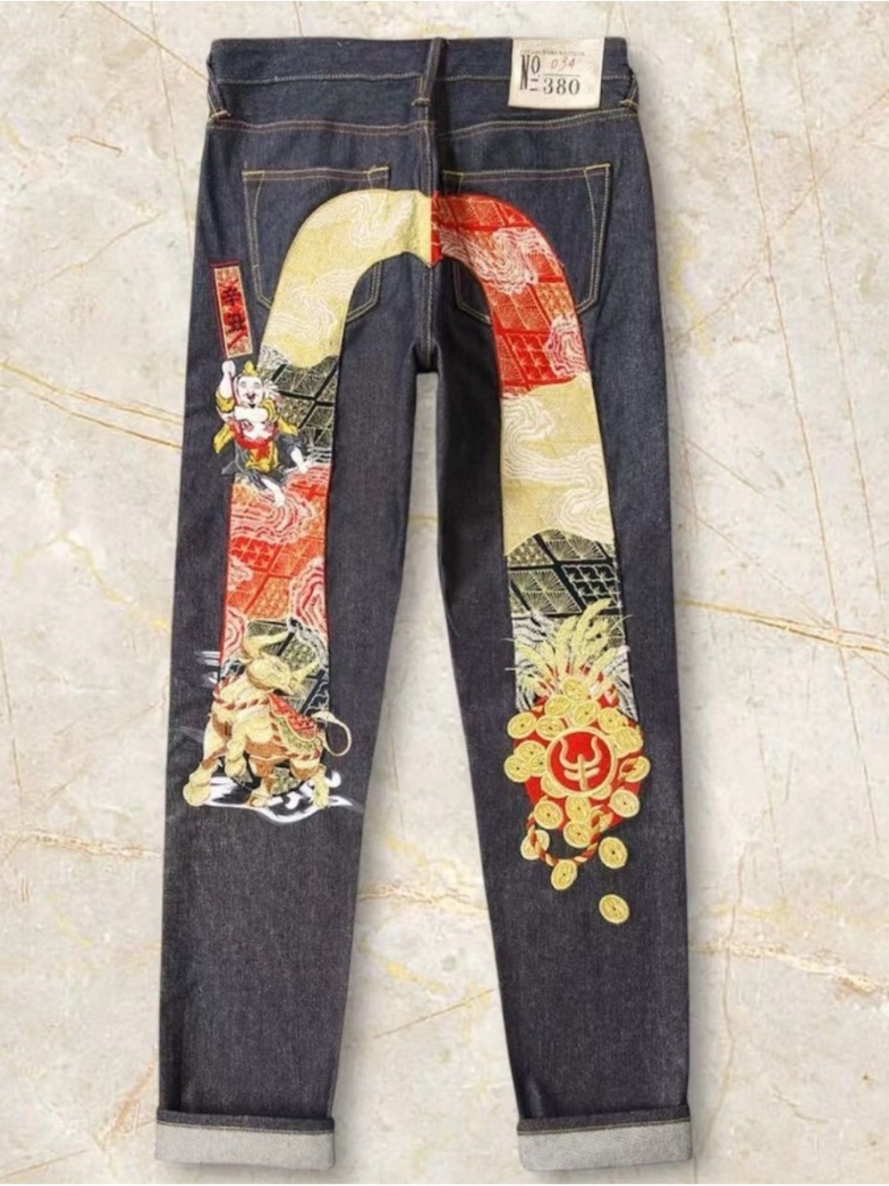 Evisu Dark Denim Straight-Leg Jeans with Red and Gold Embroidered Panels